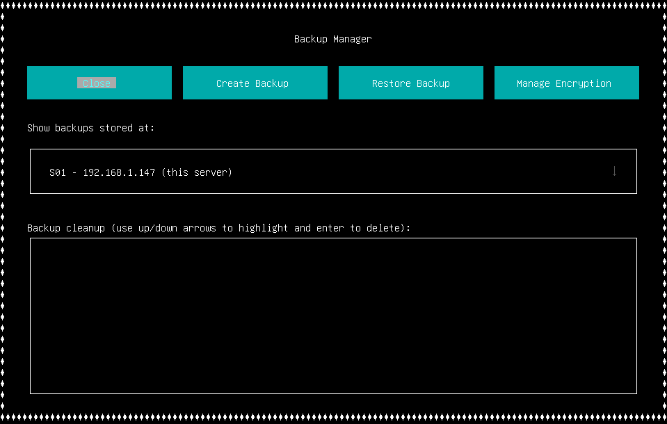 backup management screen